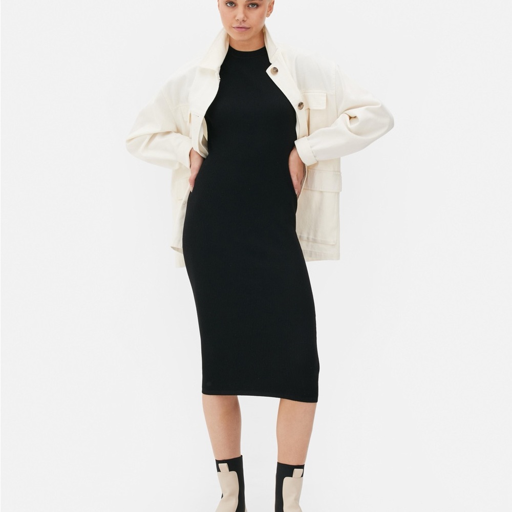 Primark Black Fitted Ribbed MIDI Dress Size Medium